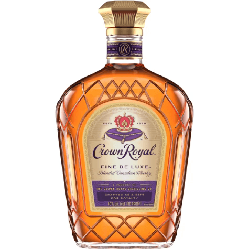 Crown Royal Canadian whisky Fine De Luxe bottle showcasing its elegant packaging and rich amber color.