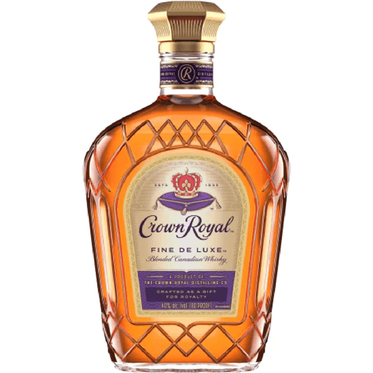 Crown Royal Canadian whisky Fine De Luxe bottle showcasing its elegant packaging and rich amber color.