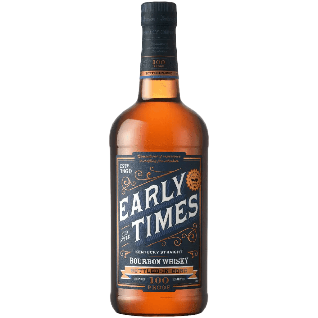 Early Times Bottled-In-Bond Bourbon whisky bottle showcasing rich amber color and vintage design, 100 proof, since 1860.