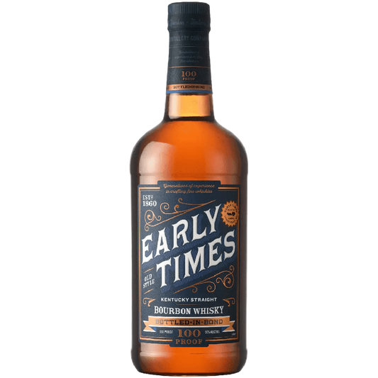 Early Times Bottled-In-Bond Bourbon whisky bottle showcasing rich amber color and vintage design, 100 proof, since 1860.