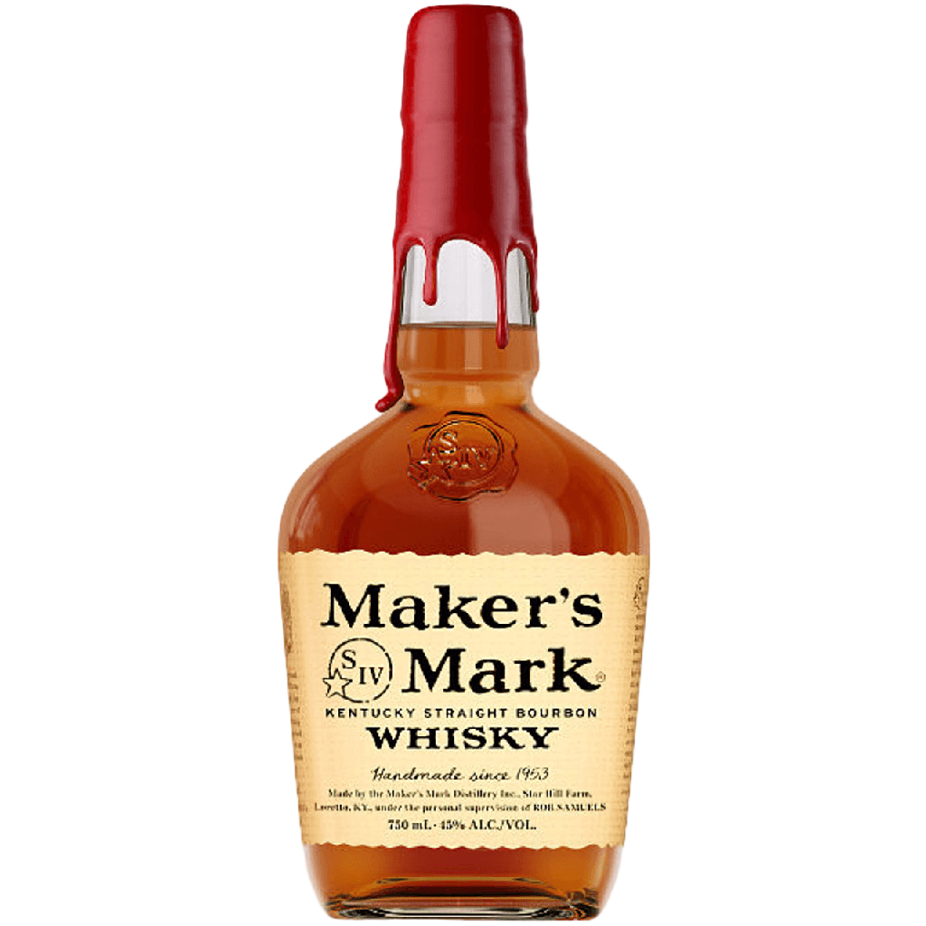Bottle of Maker's Mark, a smooth bourbon whisky, showcasing its distinctive red wax seal and handcrafted label.