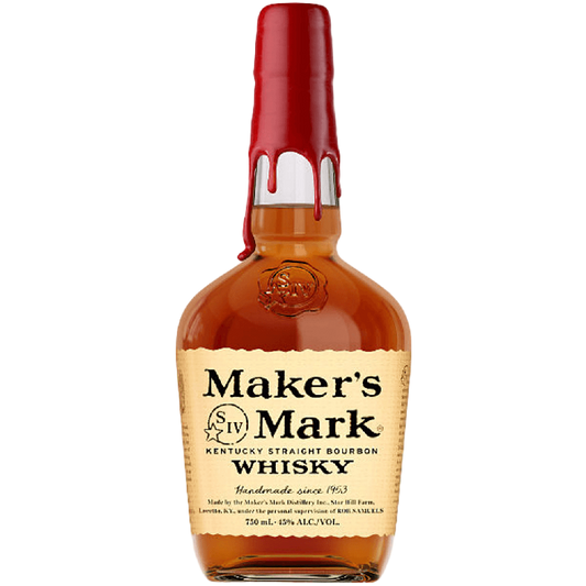 Bottle of Maker's Mark, a smooth bourbon whisky, showcasing its distinctive red wax seal and handcrafted label.