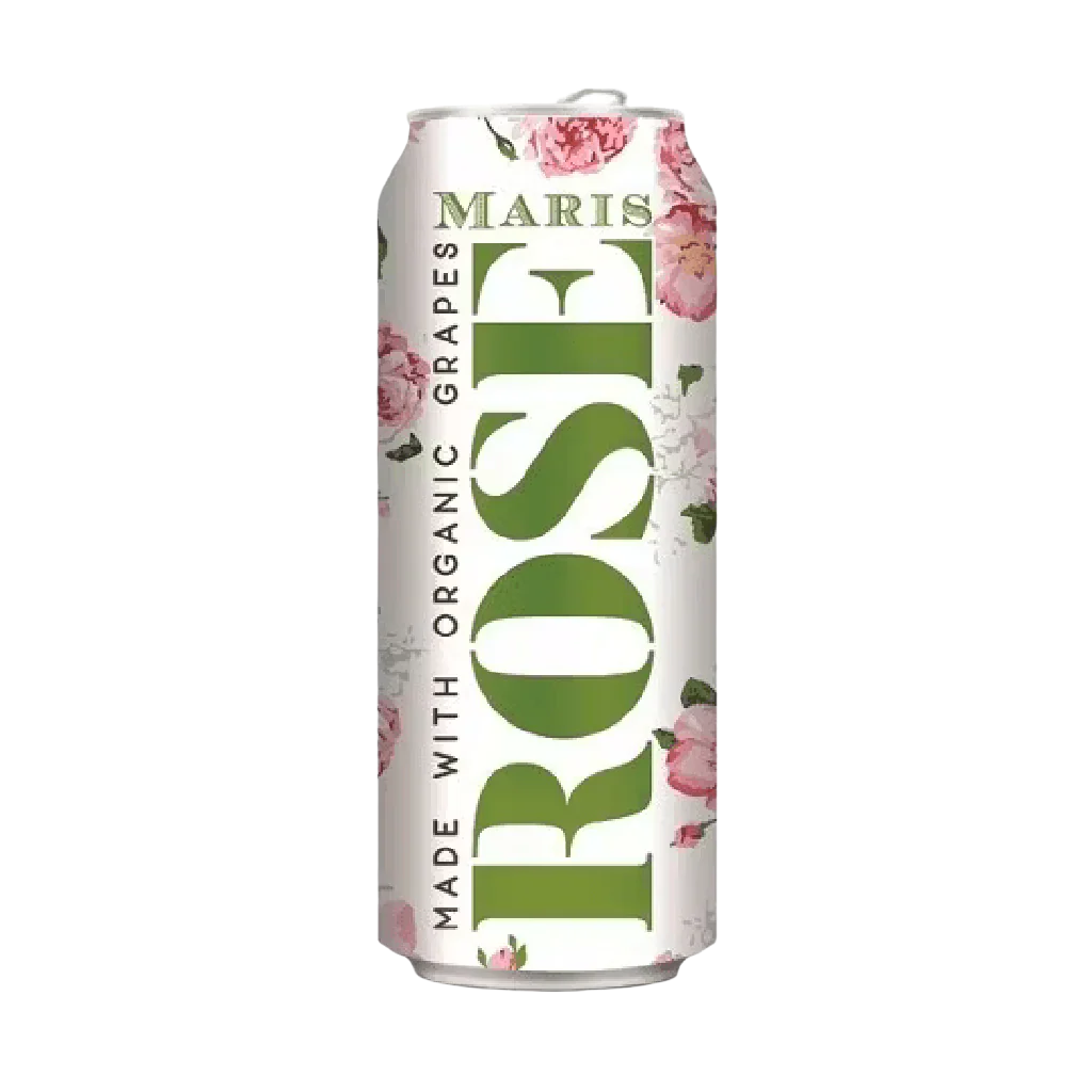 Can of Maris Rosé with floral design on a white background