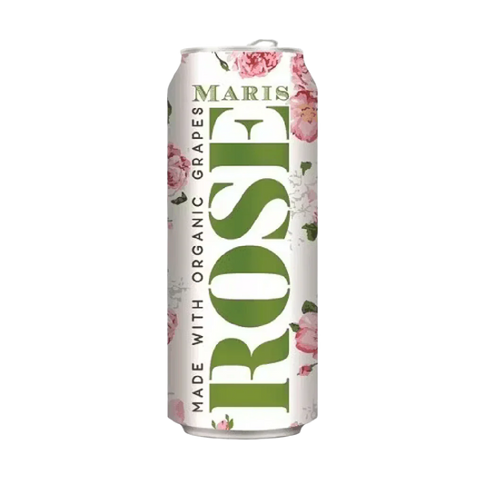 Can of Maris Rosé with floral design on a white background